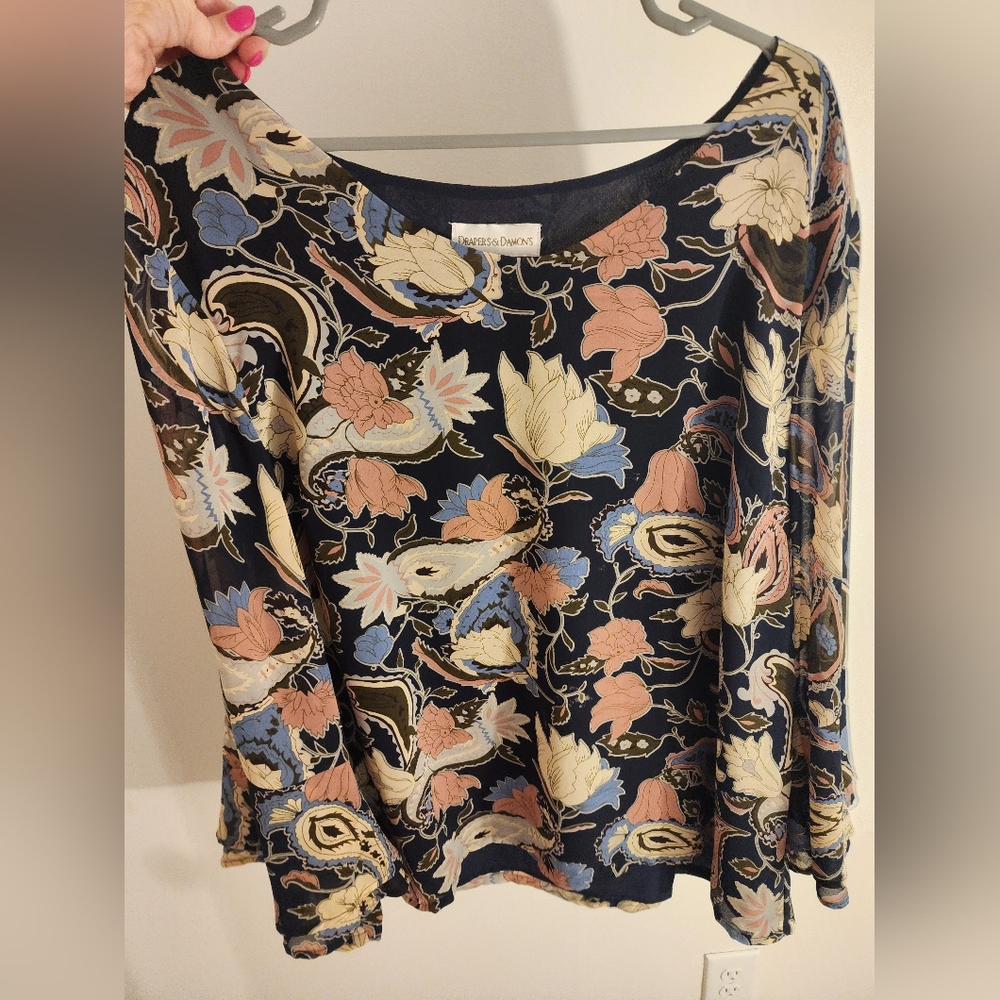 Drapers & Damons Navy Floral Women's Top Long Flutter Sleeves Sz 1X Boho